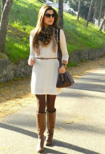 White Belted Dress with Camel Knee High Leather Boots