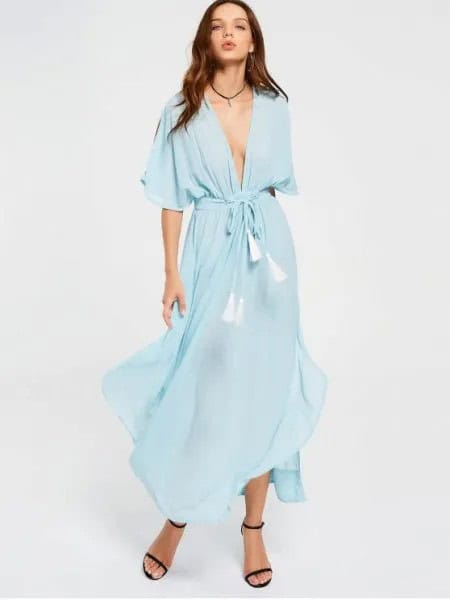 Tie Waist Light Blue Wrap Maxi Chiffon Dress with Open Toe Heels