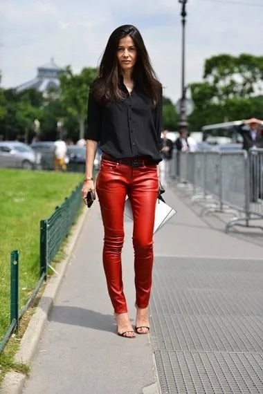 Black Button Up Shirt with Red Skinny Leather Pants