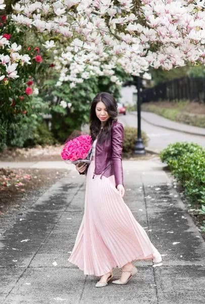 Blush Pink Maxi Pleated Flared Dress with Black Leather Jacket