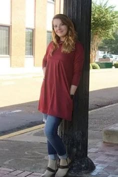 Three Quarter Sleeve Knit Tunic with Blue Cuffed Jeans & Open Toe Heels