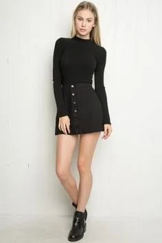 Black Mock Neck Long Sleeve Fitted Sweater with Mini Corduroy Skirt