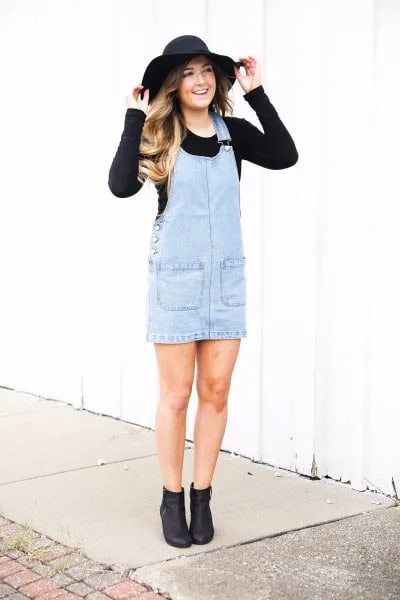 Black Fitted Knit Sweater with Light Blue Dress & Floppy Hat