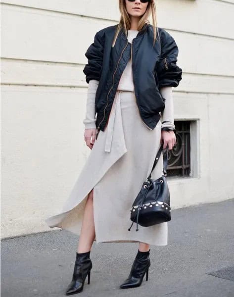 Pale Pink Maxi Wrap Skirt with Black Casual Jacket