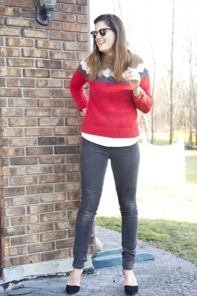 Red Knit Sweater with Grey Jeans & Black Ballet Flats