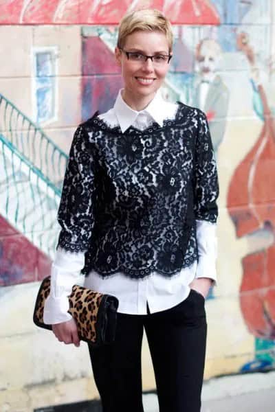 Black Half Sleeve Lace Blouse with White Button Up Shirt