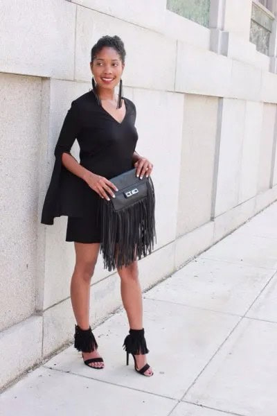 Black Bell Sleeve Mini Sheath Dress with Leather Fringe Purse