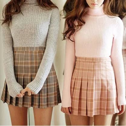 White Turtleneck Sweater with Blush Plaid Mini Skater Skirt