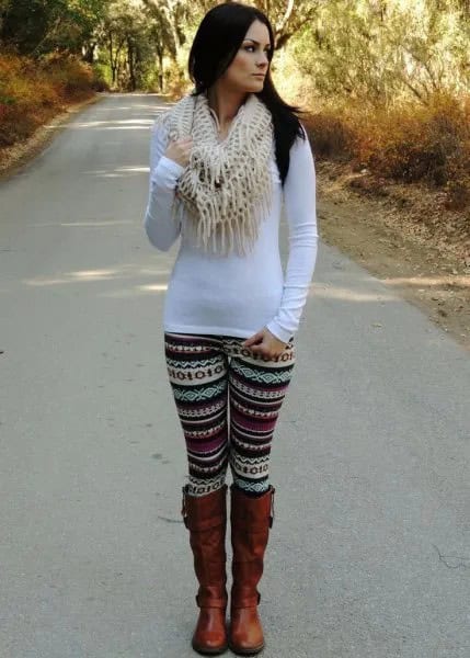 Long Sleeve Tunic T Shirt with Black and White Tribal Printed Leggings