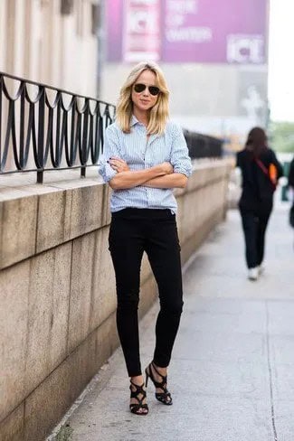 Light Blue and White Striped Shirt with Strappy Open Toe Heels