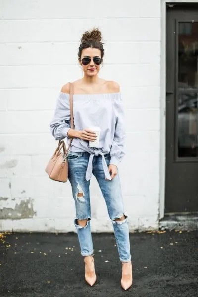 Light Blue Knotted Off The Shoulder Blouse with Really Ripped Cuffed Jeans