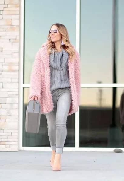 Pink Faux Fur Jacket with Grey Cowl Neck Knit Sweater