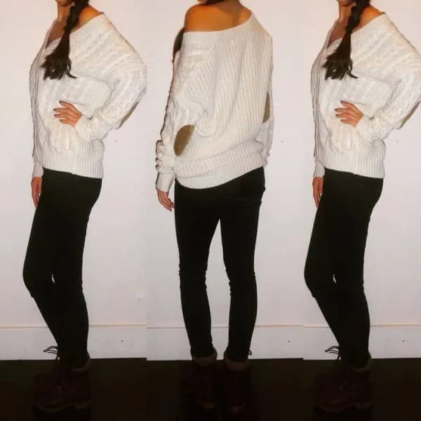 White One Shoulder Cable Knit Elbow Patch Sweater