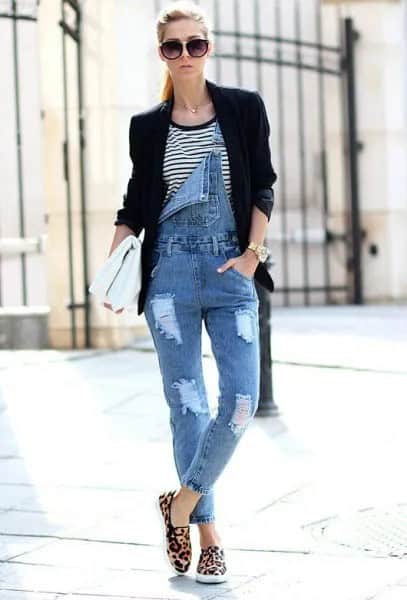 Denim Jumpsuit with Blazer & Leopard Print Slip On Shoes