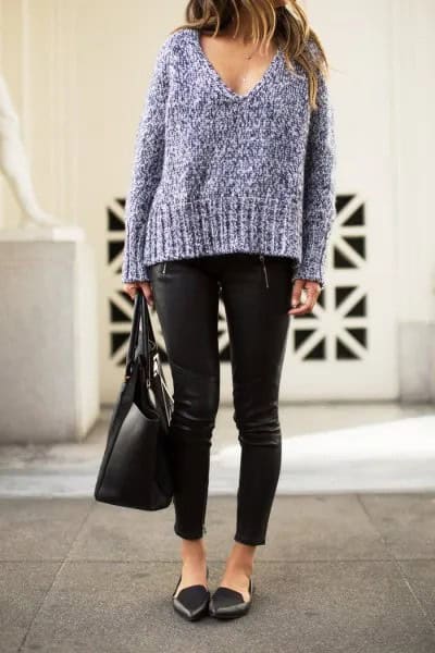 Grey Deep V Neck Chunky Knit Sweater with Leather Pants & Black Pointed Flats