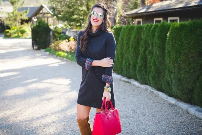 Grey Sweater Dress over Plaid Boyfriend Shirt