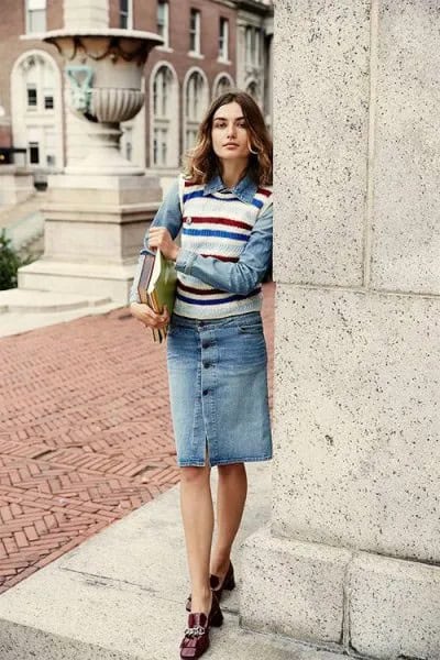 Denim Skirt & White Sweater Vest with Red and Blue Stripes