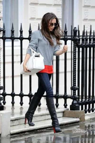 Grey Sweater with Orange T Shirt & Blue Skinny Jeans