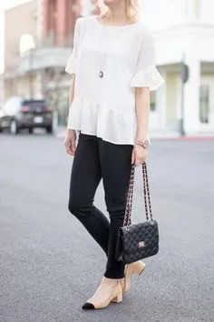 White Blouse with Black Skinny Jeans & Pink Heels