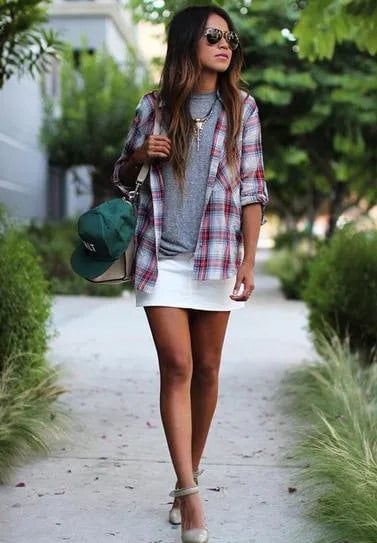 Grey Plaid Boyfriend Shirt with White Mini Skirt