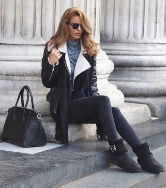 Black Leather Shearling Jacket with Leggings and Boots