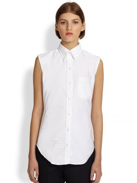 White Sleeveless Oxford Shirt with Black Pants