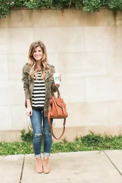 Black and White Striped T Shirt with Grey Fall Jacket