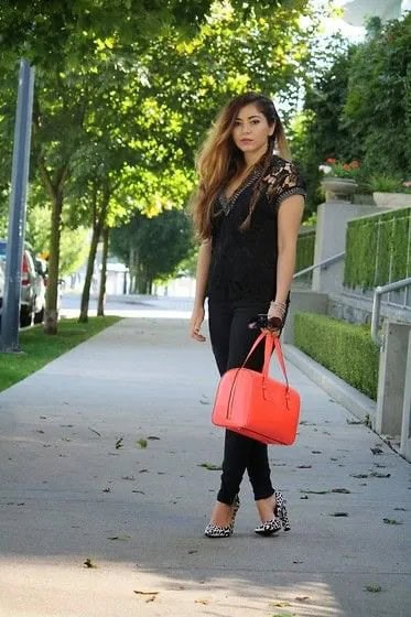 Black Lace V Neck Short Sleeve Top with Orange Purse