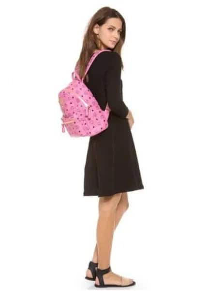 Pink Backpack Purse with Black Sweater & Grey Mini Skater Skirt