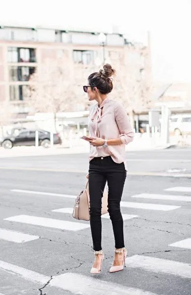 Light Pink Ribbon Front Blouse with Black Jeans & Pointed Toe Heels