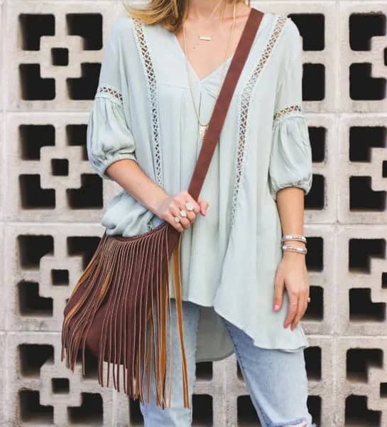 Light Blue Half Sleeve V Neck Tunic Top with Mini Cutout Details