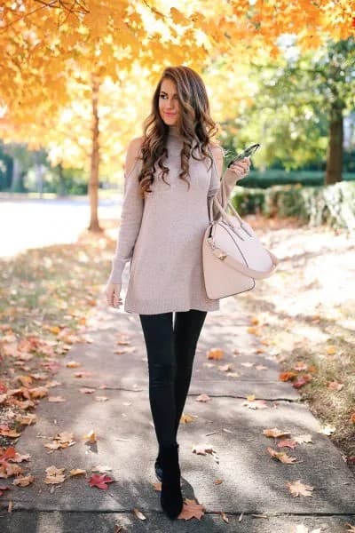 Grey Cold Shoulder Tunic Sweater with Black Pleather Leggings