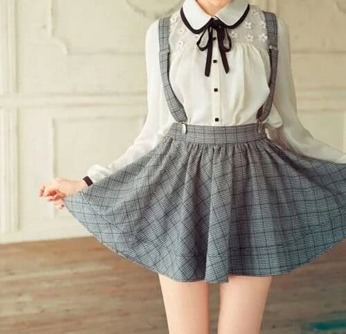 White Button Up Round Collar Blouse with Grey Plaid Suspender Dress