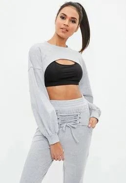 Grey Hoodie & Jogger Pants with Black Sports Bra Top