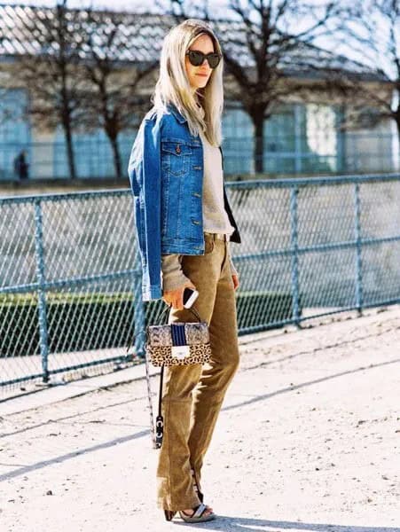 Blue Denim Jacket with Blush Pink Sweater & Brown Corduroy Jeans