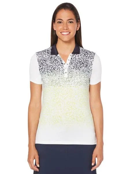 White, Black and Yellow Multi-Colored Polo Shirt with Black Mini Skirt