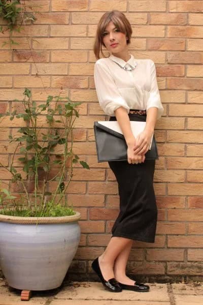 Cream Button Up Tucked Shirt with Black Midi Straight Cut Dress