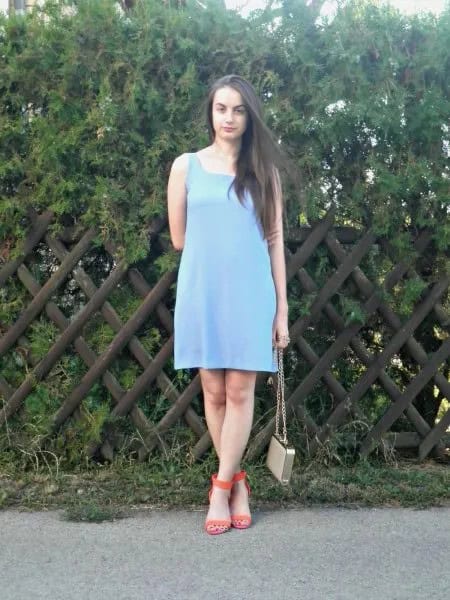 Blue Square Neck Mini Shift Tank Dress with Red Heels