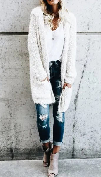 White Fuzzy Longline Hooded Cardigan with Ripped Skinny Jeans