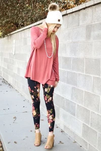 Blush Pink T shirt with Floral Printed Patterned Leggings & Open Toe Boots