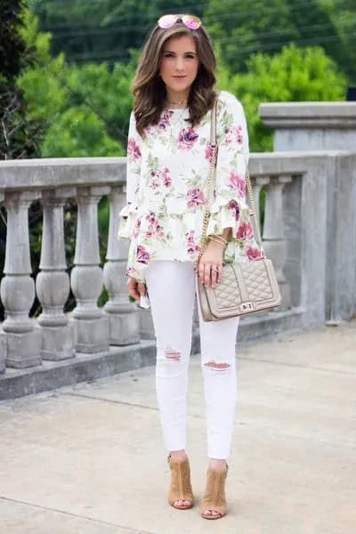 White Blouse with Pale Pink Ripped Skinny Jeans