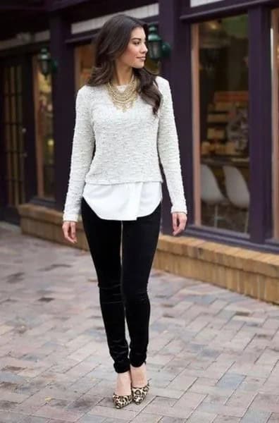 White Lace Sweater Over Tunic Blouse & Black Velvet Pants