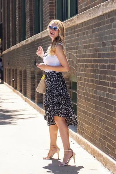 White Vest Top with Black Floral Ruffle Midi Skirt