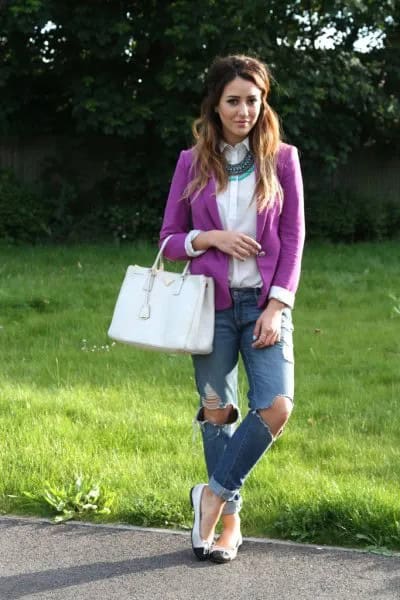 Purple Blazer with White Button Up Shirt & Boyfriend Jeans