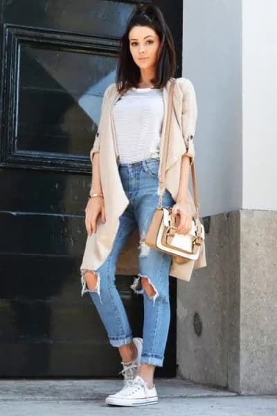 Pale Pink Longline Cardigan with Blue Ripped High Rise Boyfriend Jeans