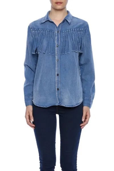 Chambray Fringe Shirt with Dark Blue Skinny Jeans