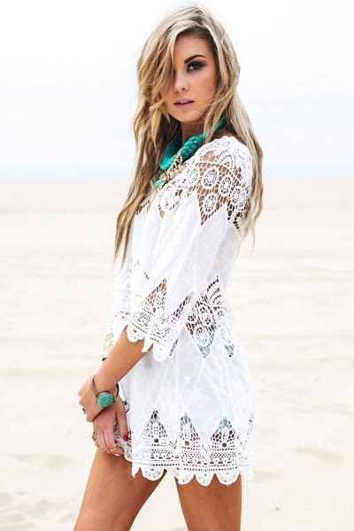 White Crochet Lace Boho Style Cover Up Dress