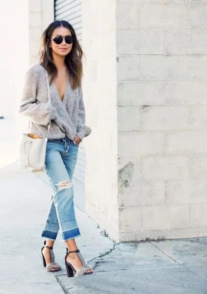 Grey Knit Wrap Cardigan with Cropped Boyfriend Jeans