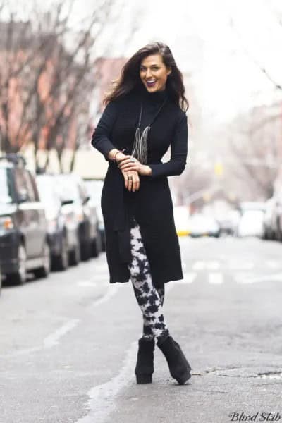 Black Long Wool Blazer with Leggings & Camel Ankle Boots