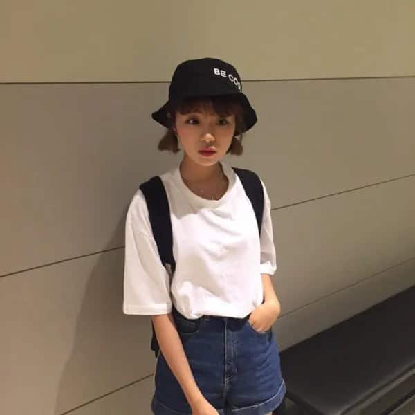 Black Bucket Hat with White Oversized Tee & Denim Flowy Shorts